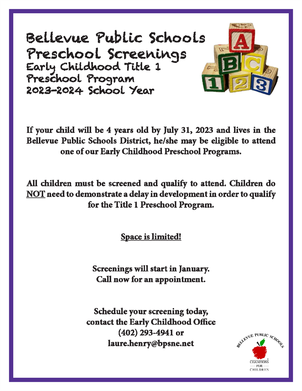  BPS Preschool Screenings Early Childhood Title 1 Program 2023-24